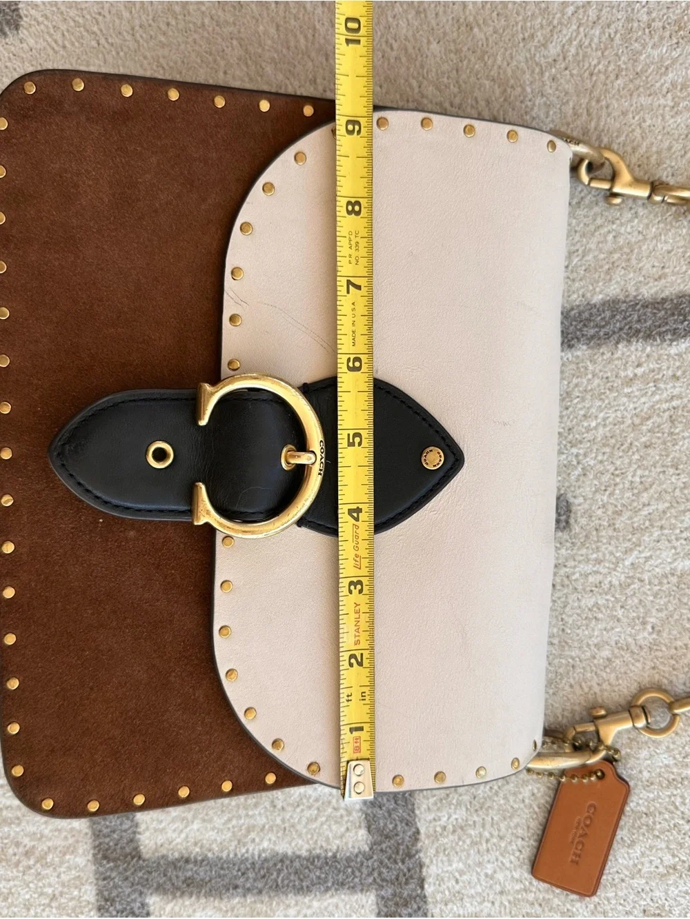 Coach Colorblock Leather Shoulder Bag in White, Brown and Black with Gold Chain